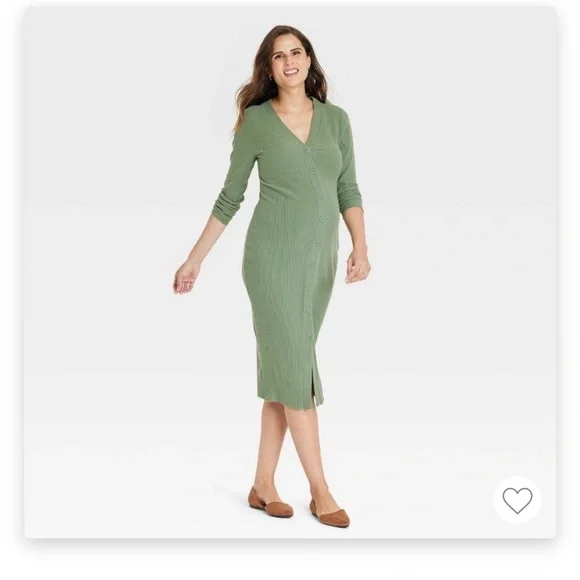 knee length dresses for ladies Pinkblush Hunter Green Front Tie Ruffle Sleeve Maternity Midi Dress Small